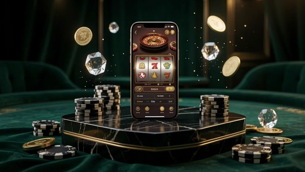 Luxury smartphone showing casino games on a marble pedestal