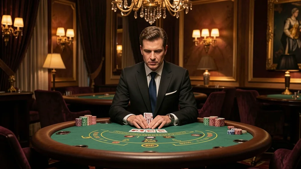Live dealer hosting blackjack at an elegant casino table
