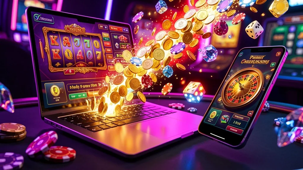 Tilted laptop and smartphone with coins and casino games