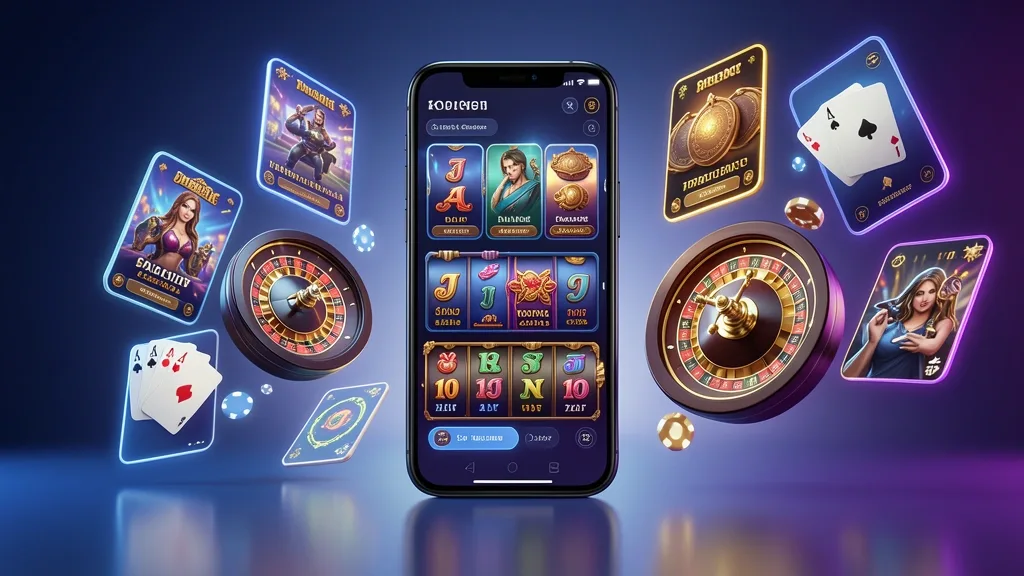 Smartphone surrounded by floating online casino game tiles