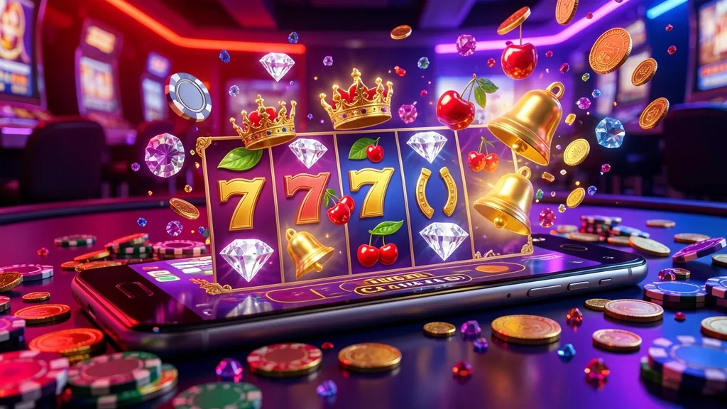 Smartphone displaying crown slot symbols amid coins and gemstones