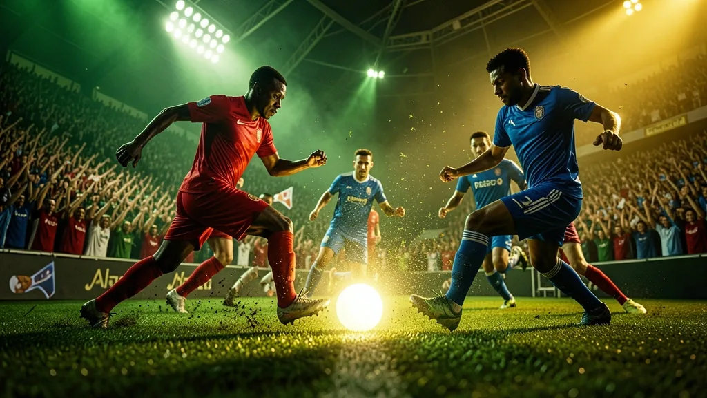 Football players competing under stadium lights before cheering fans