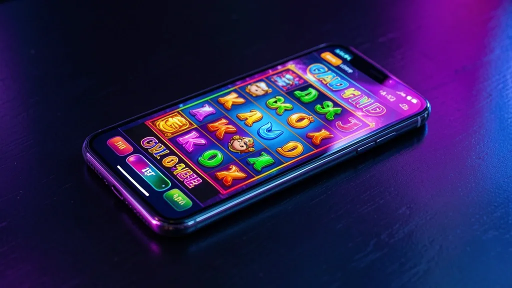 Smartphone displaying a colorful slot game on dark table