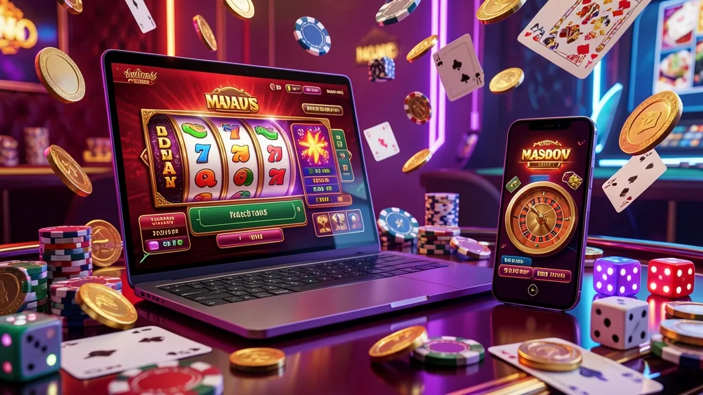 Laptop and smartphone displaying vibrant online casino games