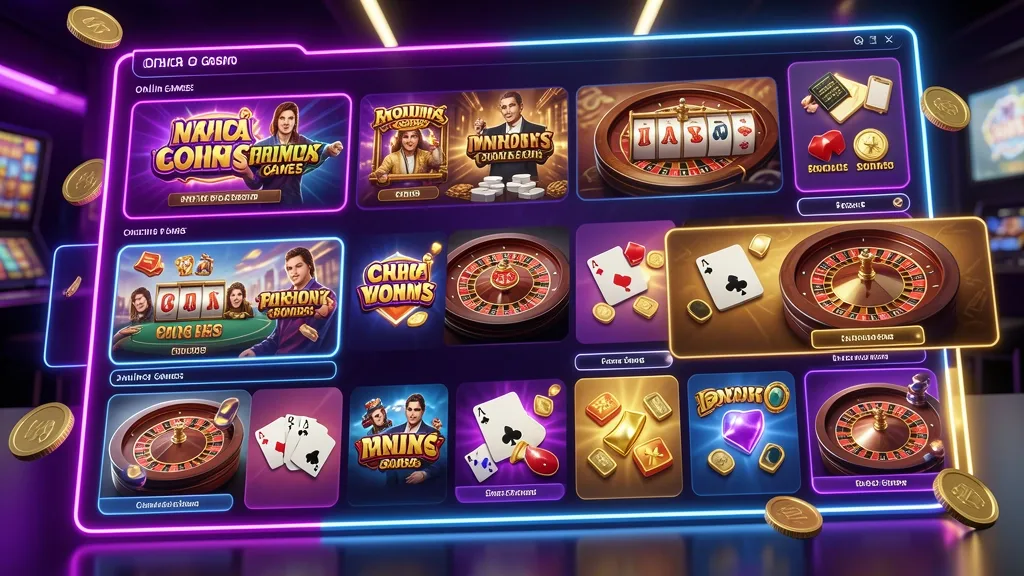 Digital online casino games catalog with colorful virtual tiles