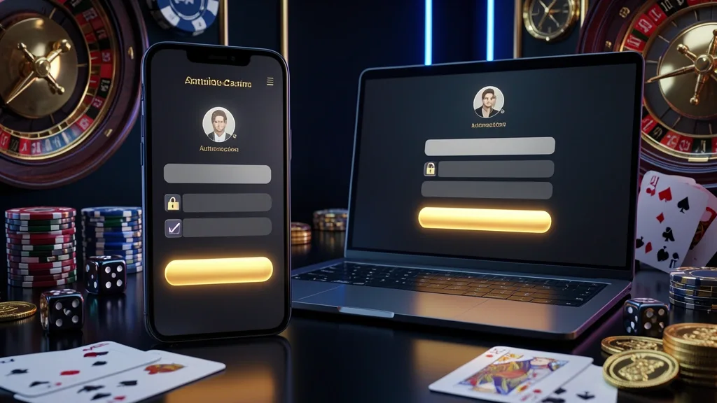 Laptop and smartphone displaying casino login and registration interfaces