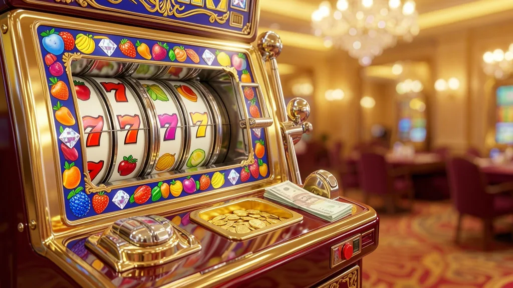 Luxury slot machine showing sevens, fruit, diamonds, and coins