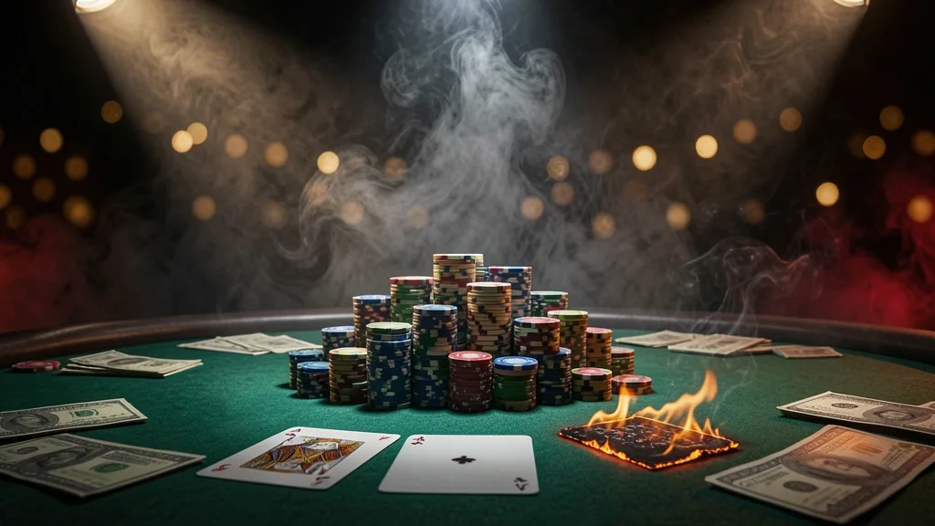 Ace cards and poker chips at a smoky Texas Hold’em table