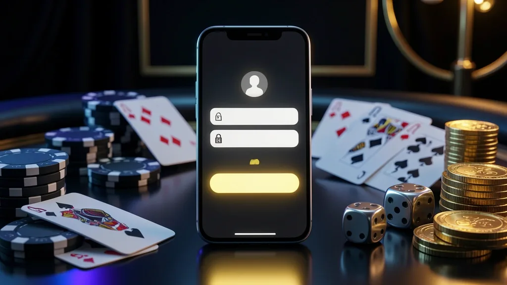 Smartphone displaying casino login interface among chips and cards