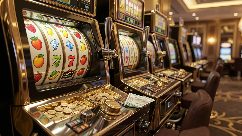 Modern luxury slot machines with colorful reels and coins
